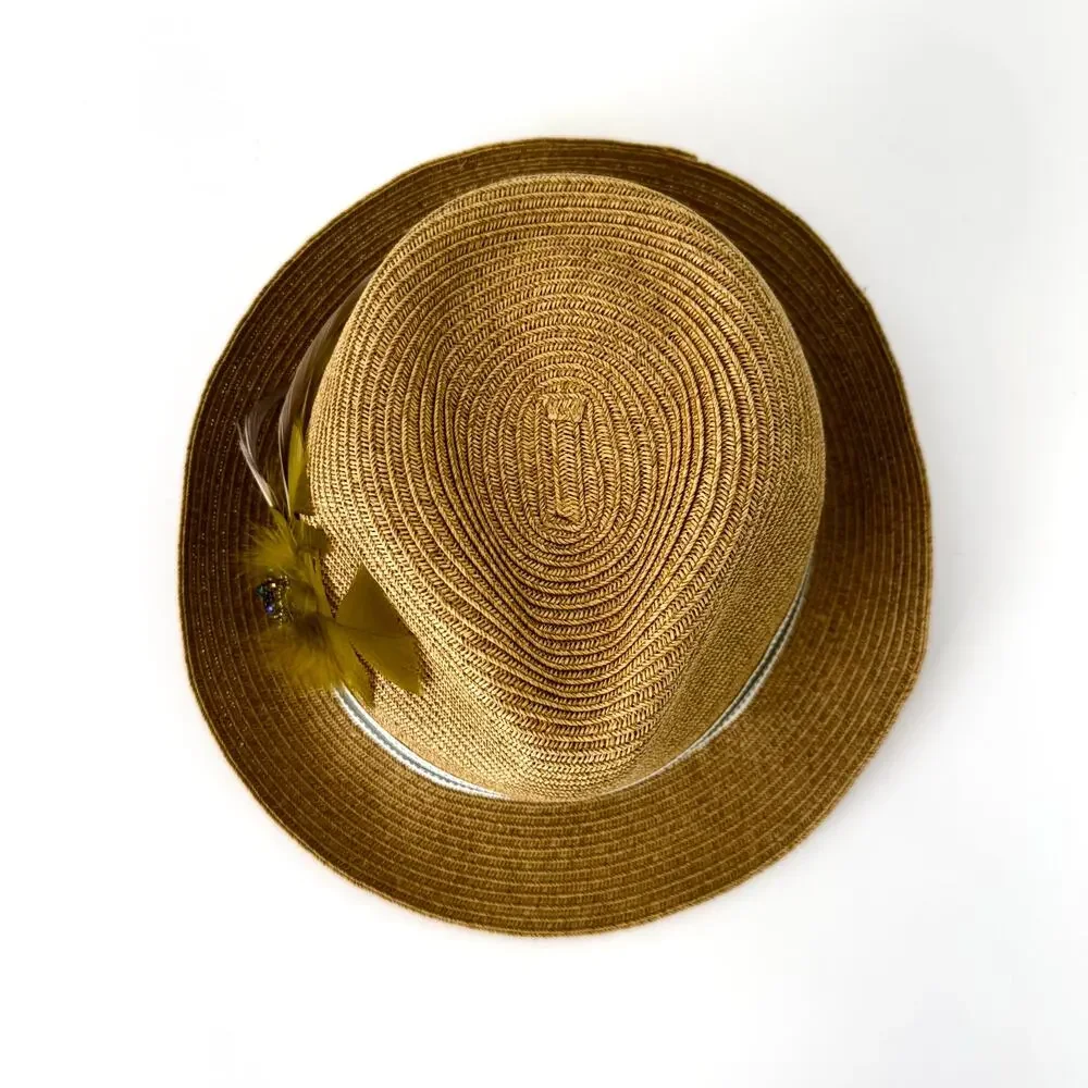 Uno Alla Volta Fedora Raffia Hat Feather Gems Rhinestone Band Tan Made in USA